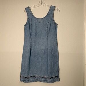 True Blue Vintage 90s Denim Dress Light Wash Floral Embroidered Sleeveless 9/10